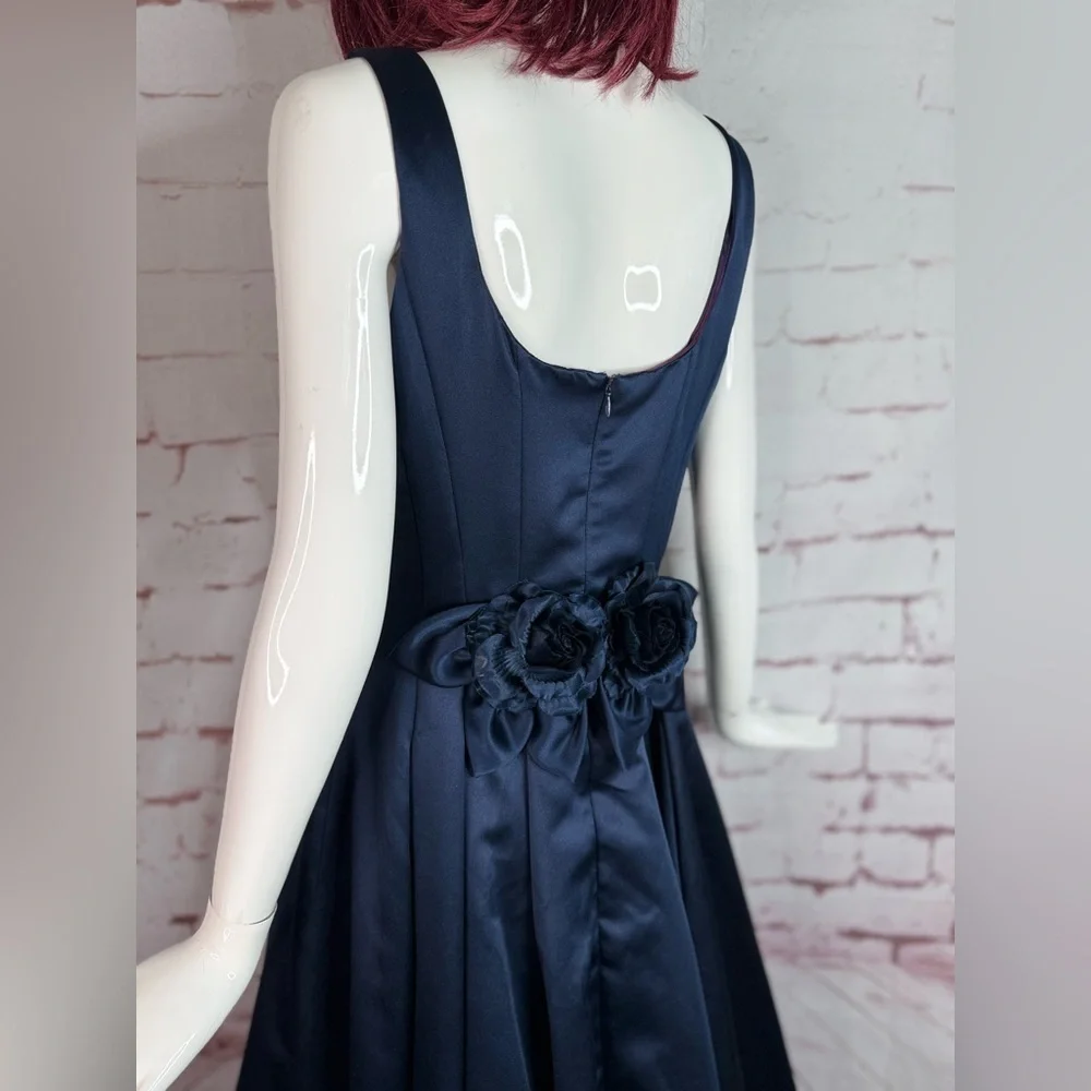 JESSICA McCLINTOCK Navy Satin Floor Length Prom Dress Size 10 Satin Rose Formal - Picture 12 of 16